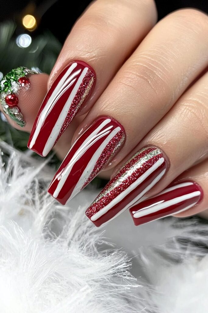 Red coffin Christmas nails with white stripes and glitter accents