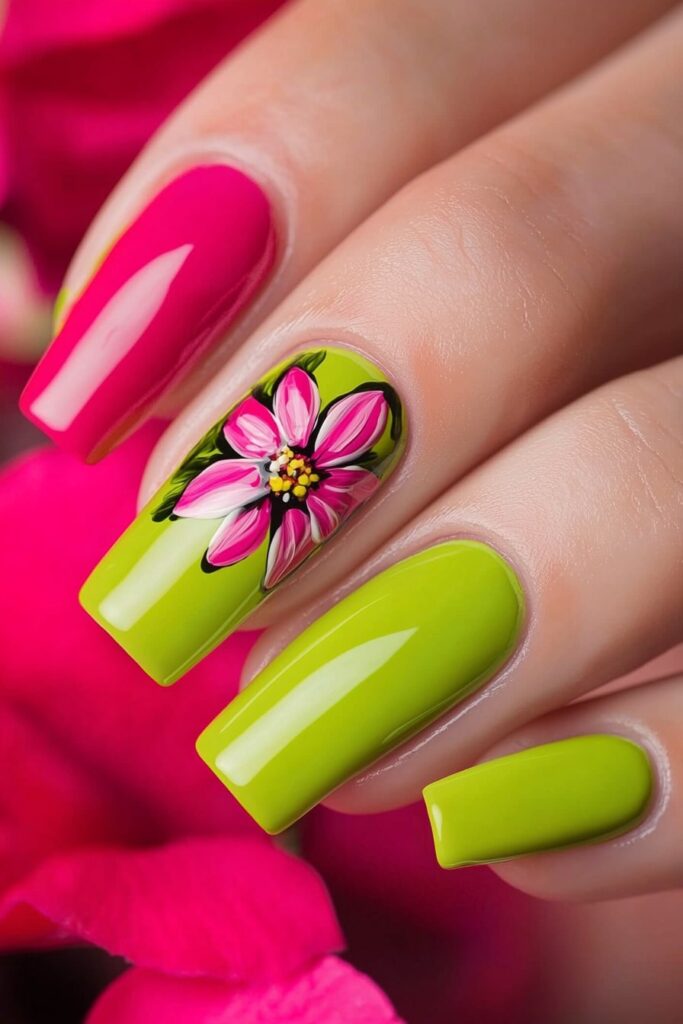 Wicked pink and green nails featuring chartreuse base with daisy