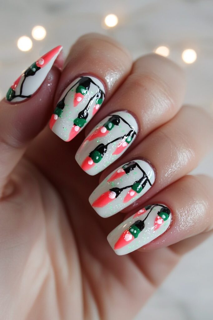 Christmas red acrylic nails featuring painted string lights pattern