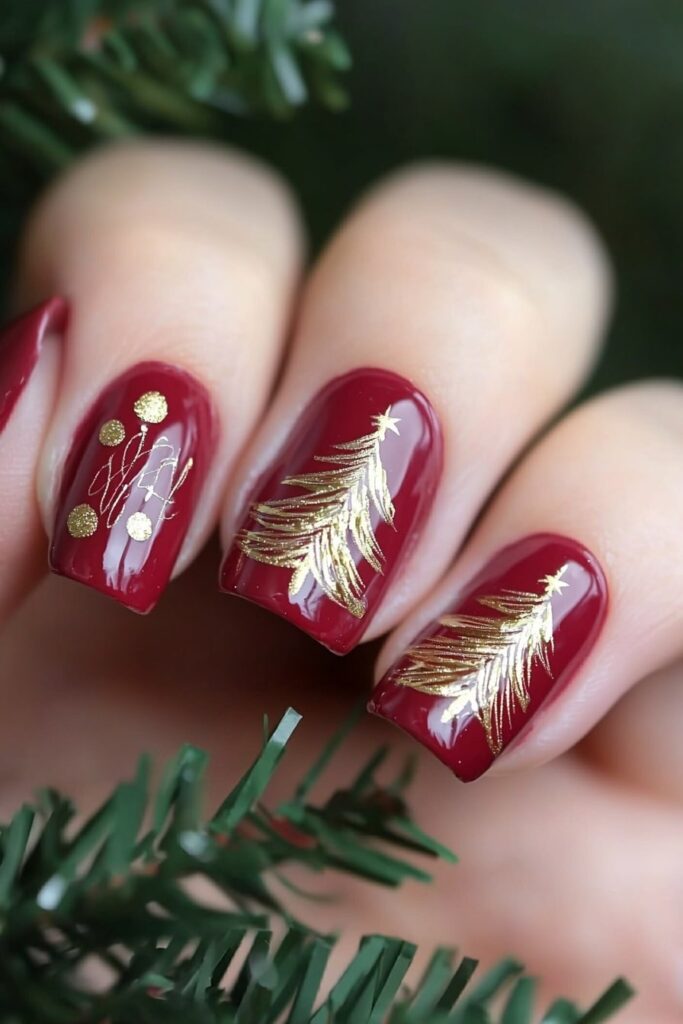 Christmas red acrylic nail designs with tree accents