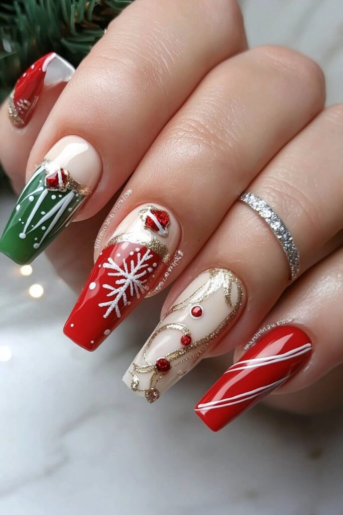 Coffin Christmas nails featuring ornaments, candy stripes and snowflakes