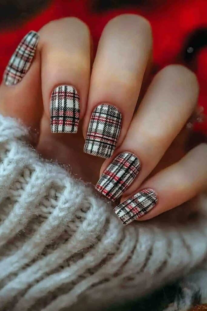 Neutral nails with cozy winter plaid patterns.