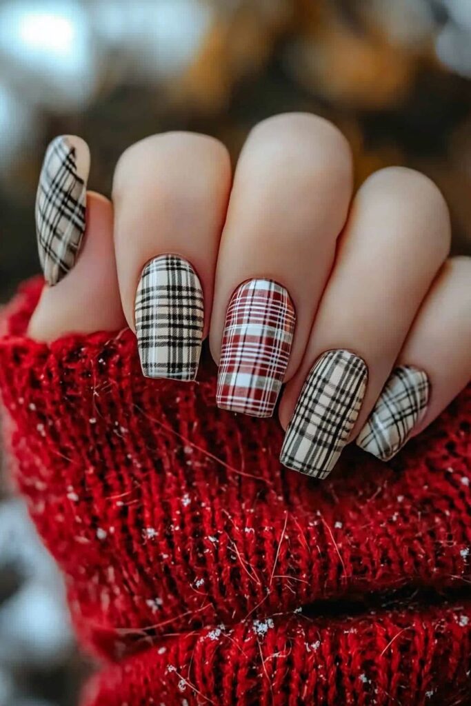 Short neutral winter nails featuring cozy plaid pattern