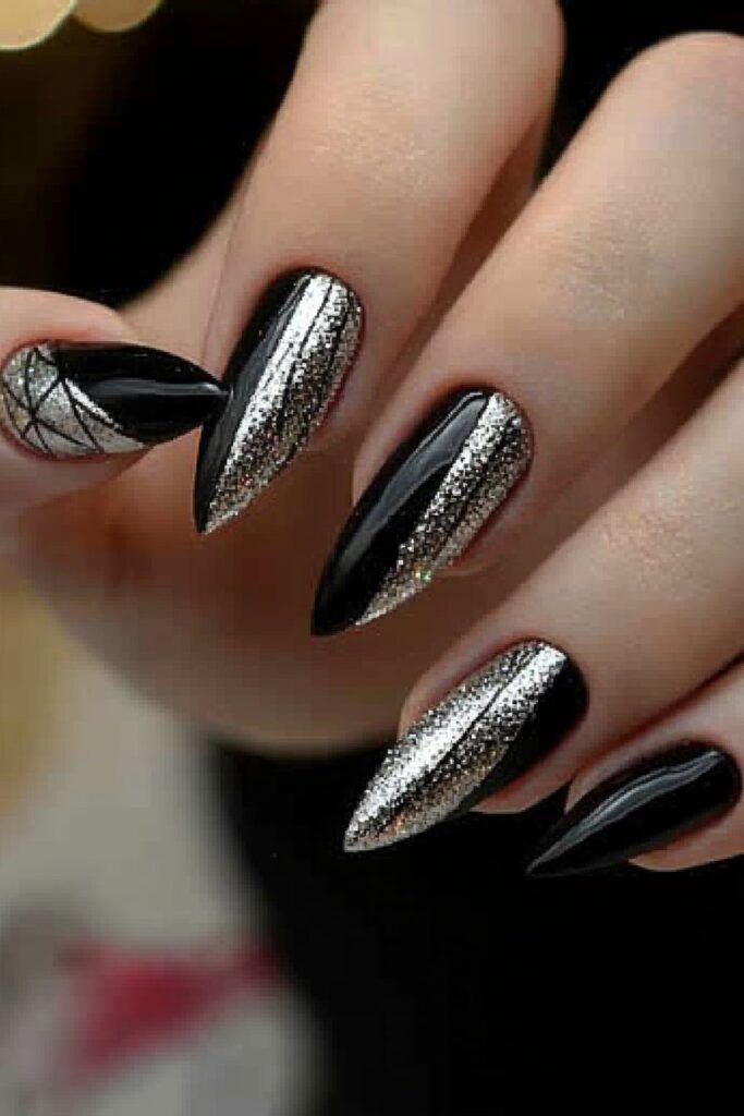 Wicked almond nails with black and silver glitter diagonal design