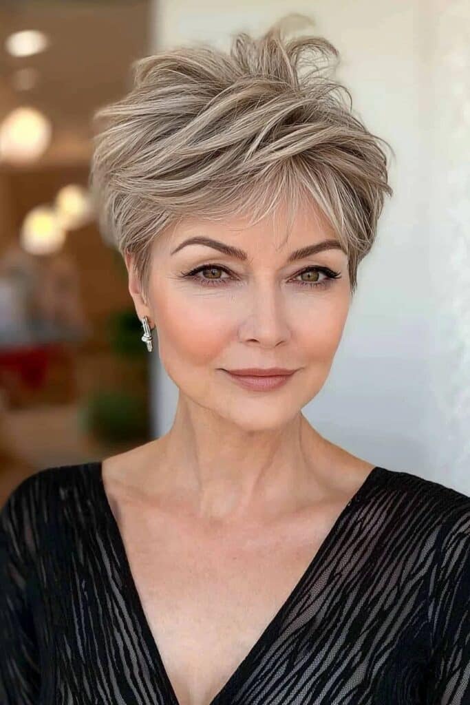 Dramatic side-swept edgy choppy pixie cuts over 50