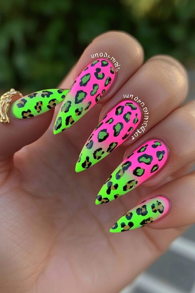 Wicked nails pink and green neon leopard print stiletto manicure