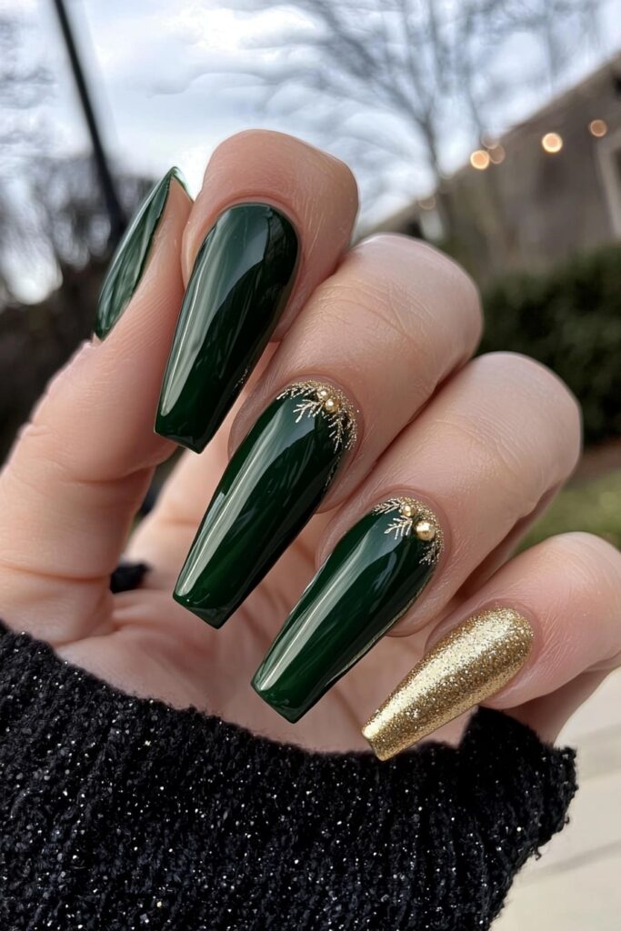 Dark green coffin Christmas nails with gold glitter accents