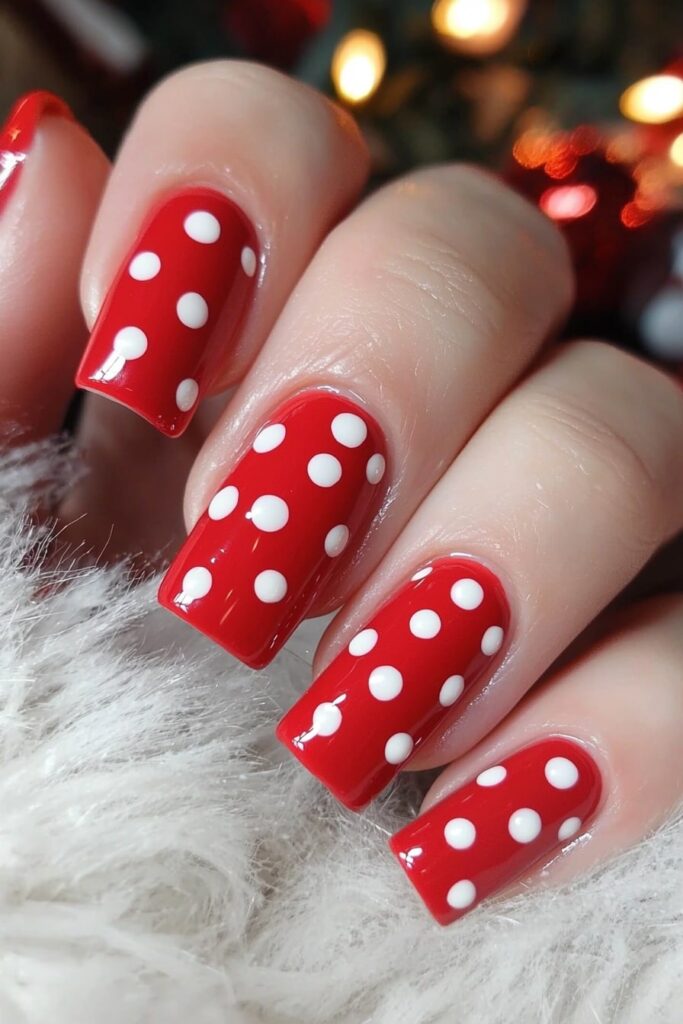 Christmas red acrylic nail designs with festive polka dots