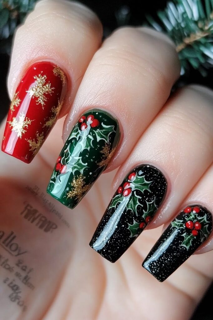 Coffin Christmas nails with holly berries and gold snowflakes