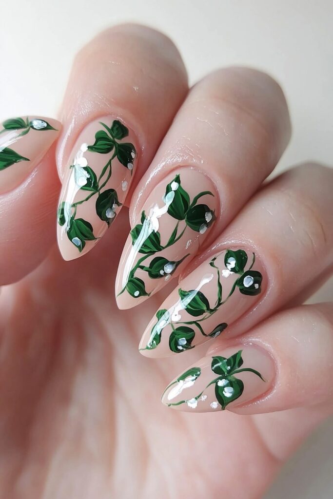 Wicked nails pink and green delicate vine floral design