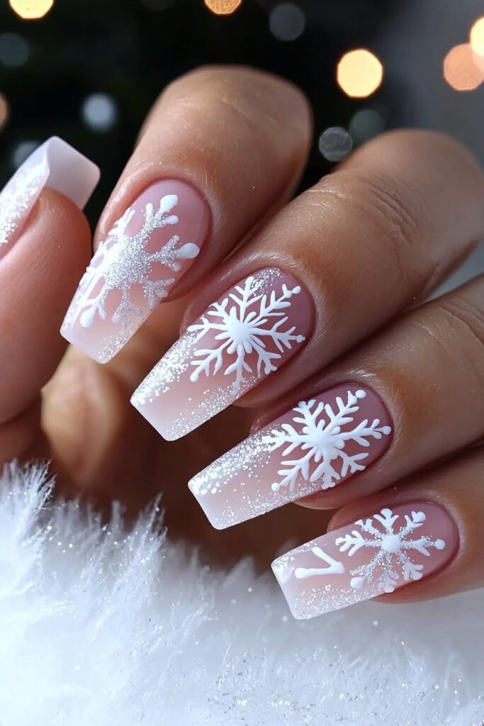 Pink and white coffin Christmas nails with snowflake designs