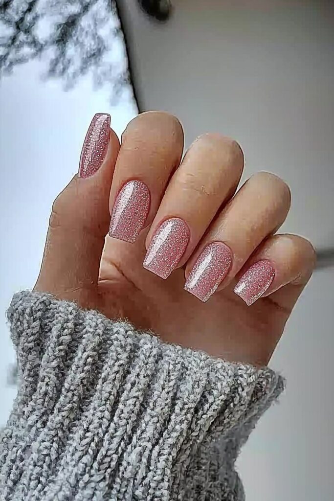 Frosty pink nails with shimmering details.