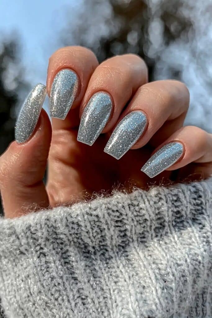 Holographic nail design with frosty winter vibes.