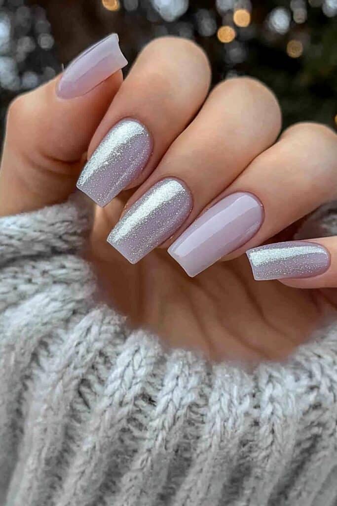 Short neutral winter nails with frozen lavender sheen