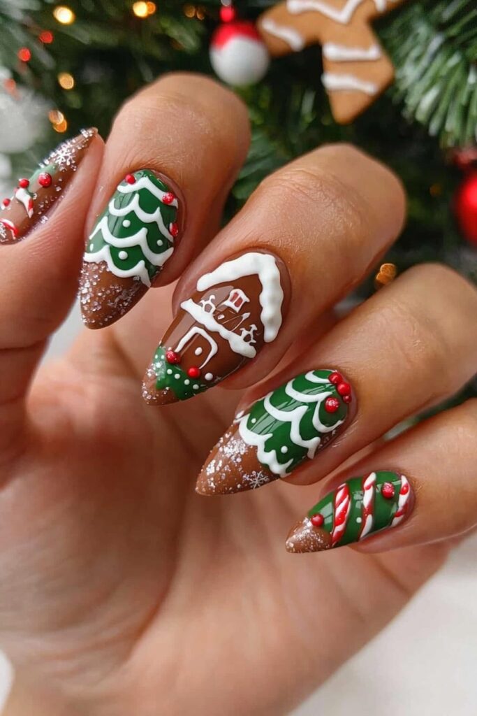 Christmas acrylic almond nails featuring gingerbread house and festive designs