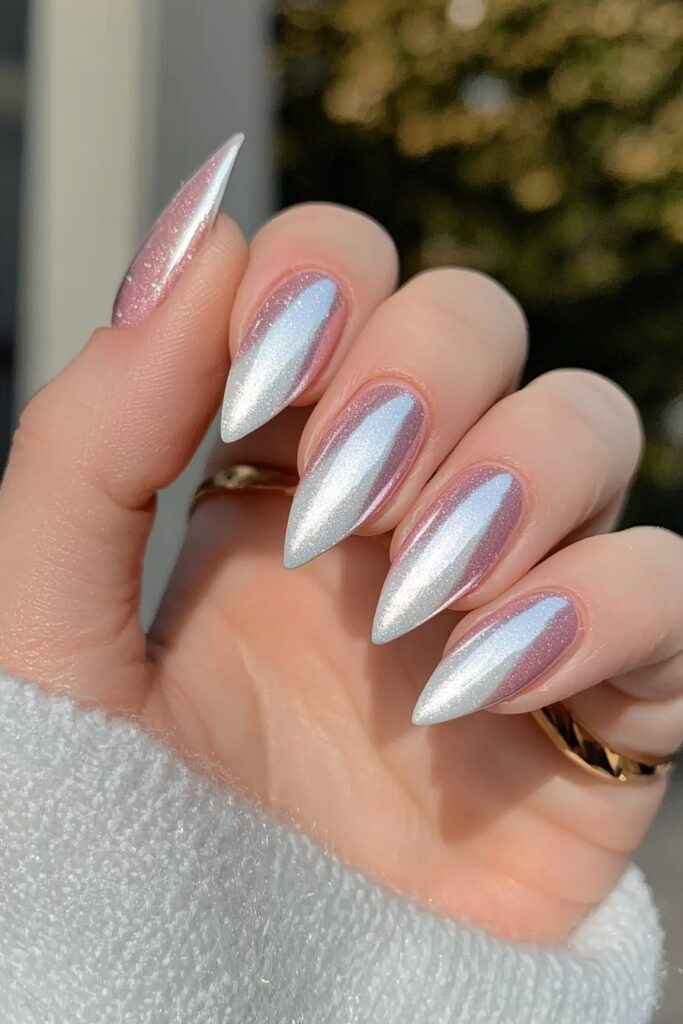 Pearlescent pink and silver chrome wicked almond nails with magical shimmer