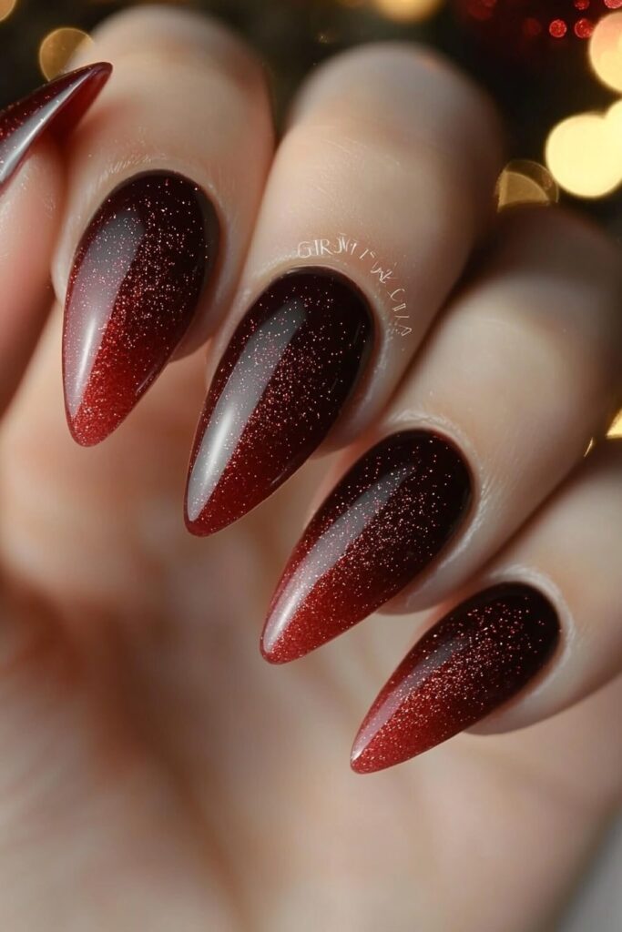 Christmas red acrylic nails with dark to red glitter gradient