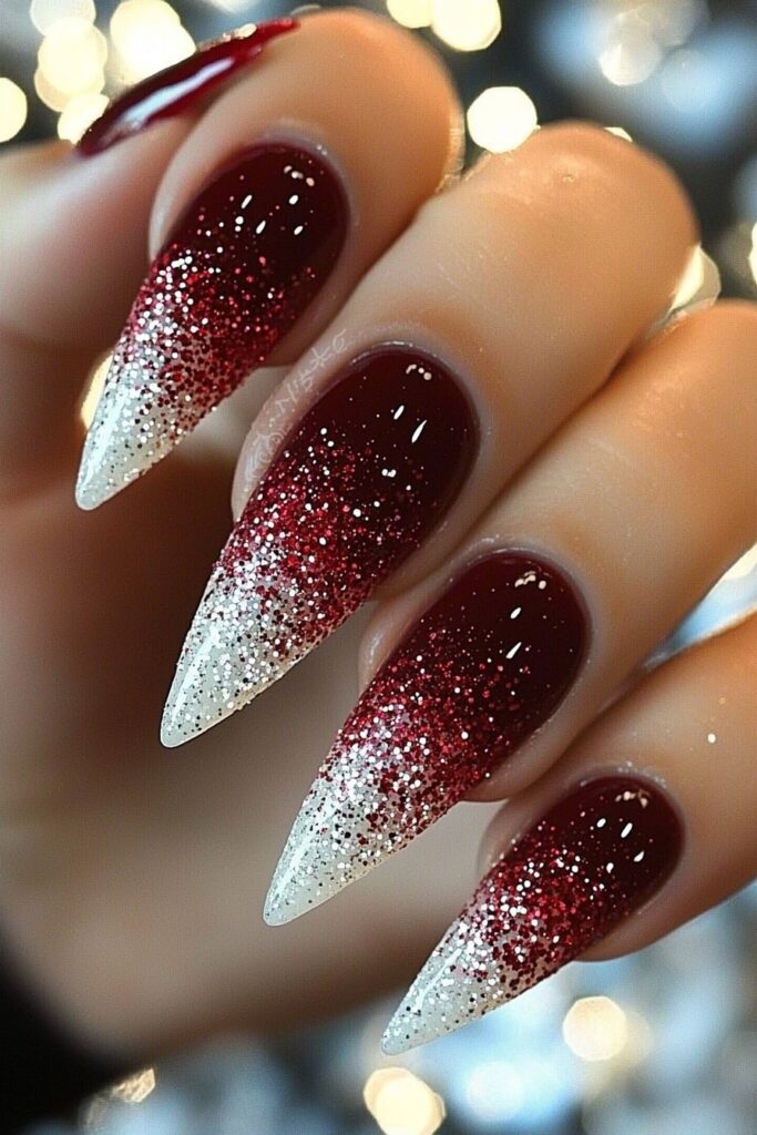 Christmas red acrylic stiletto nails with white glitter ombre tips