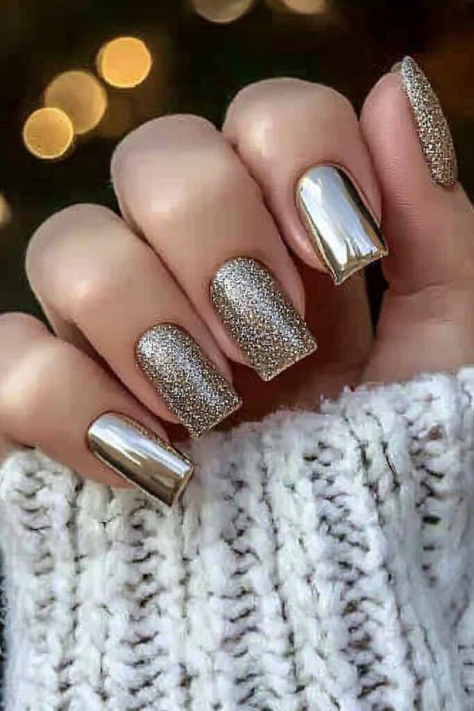 Short neutral winter nails with golden holiday accents