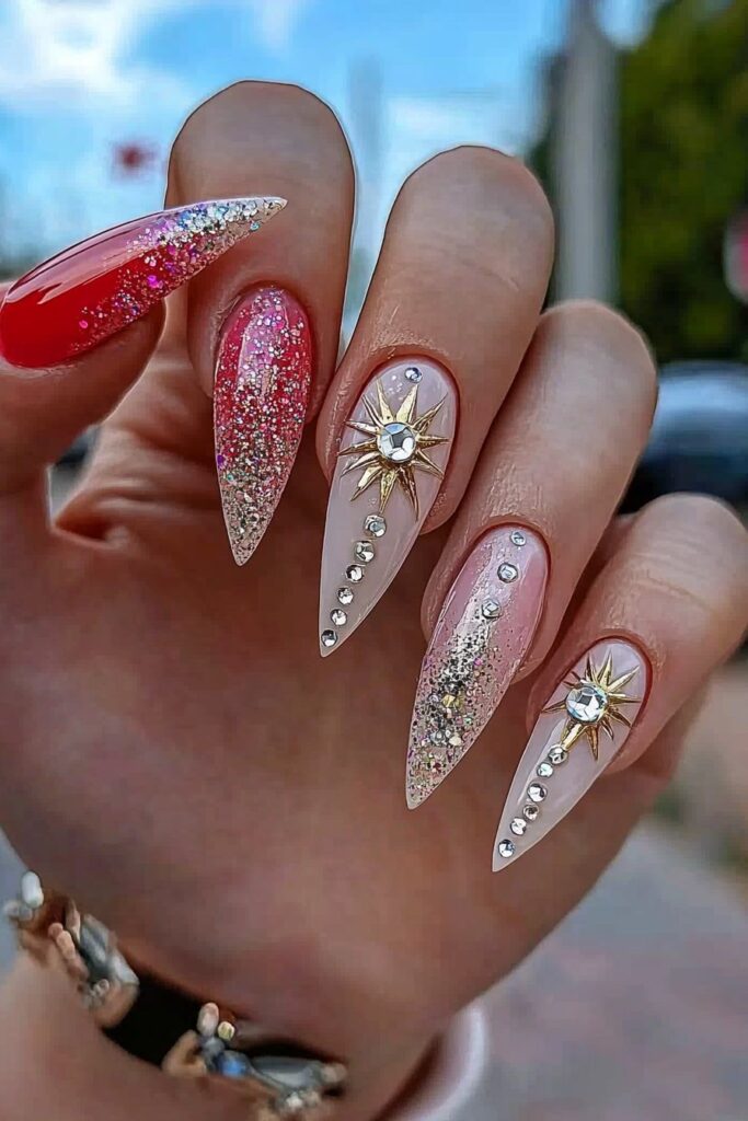 Almond wicked nails with red glitter and gold sun crystals