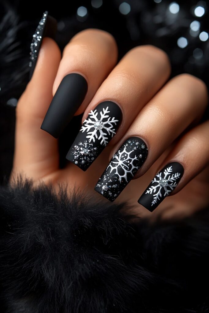 Black coffin Christmas nails with white snowflakes and glitter accents