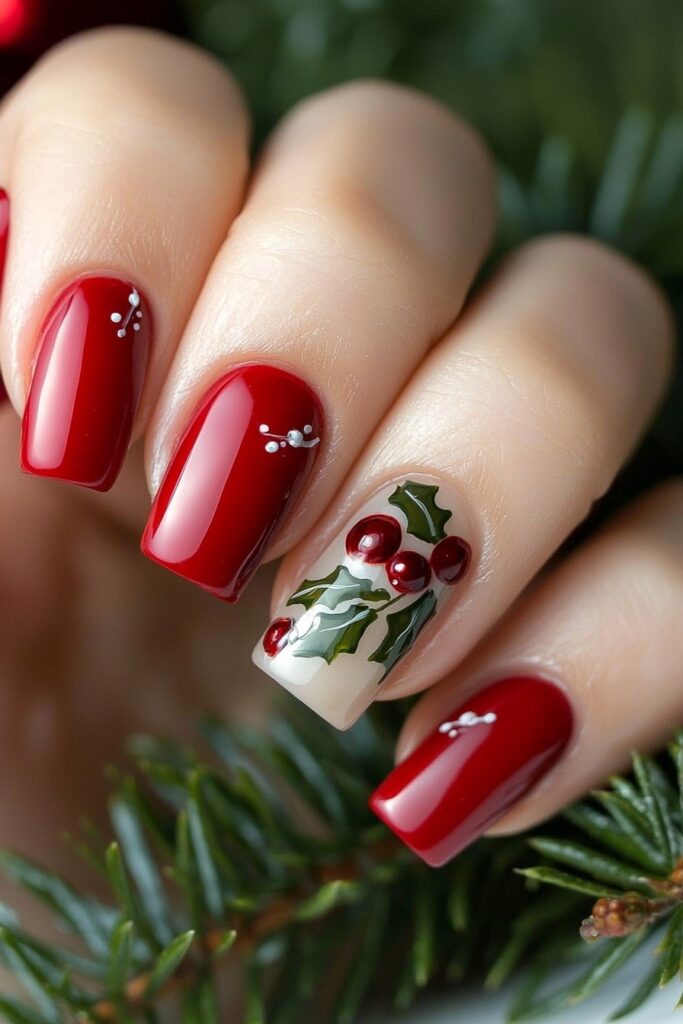 Christmas red acrylic nails with holly berry accent design