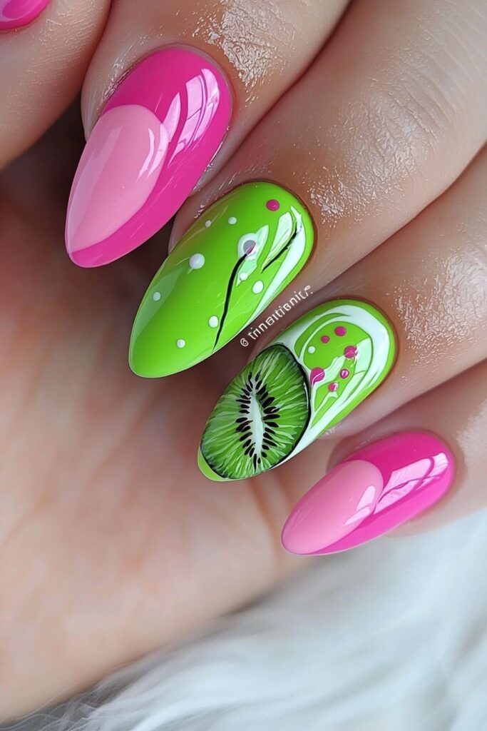 Wicked nails pink and green glossy kiwi fruit design