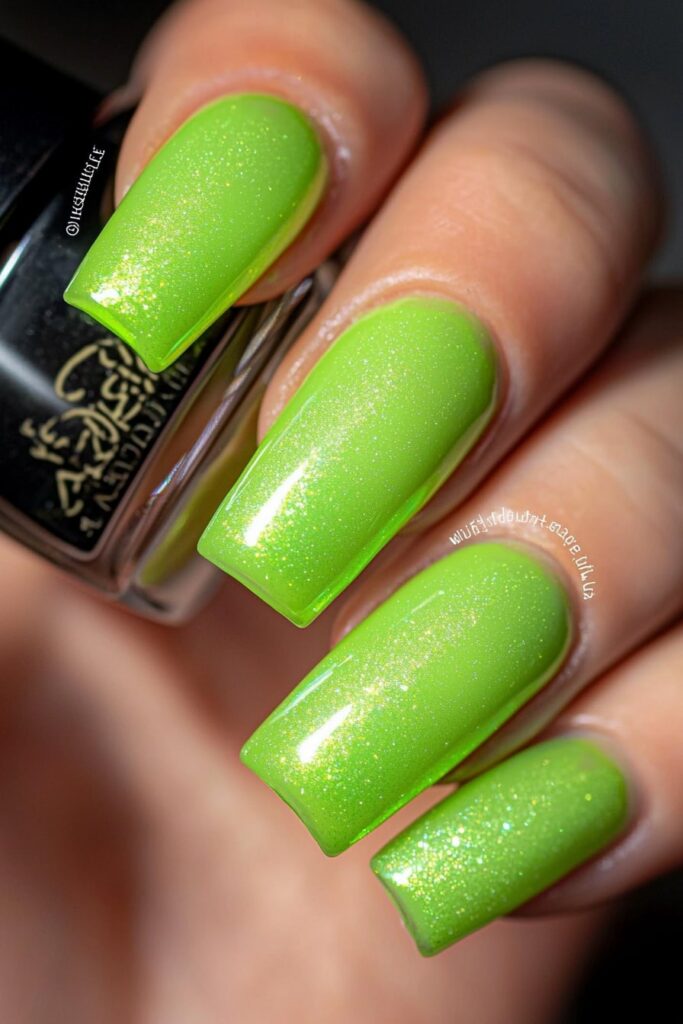 Wicked lime green nails with shimmering frost glaze finish