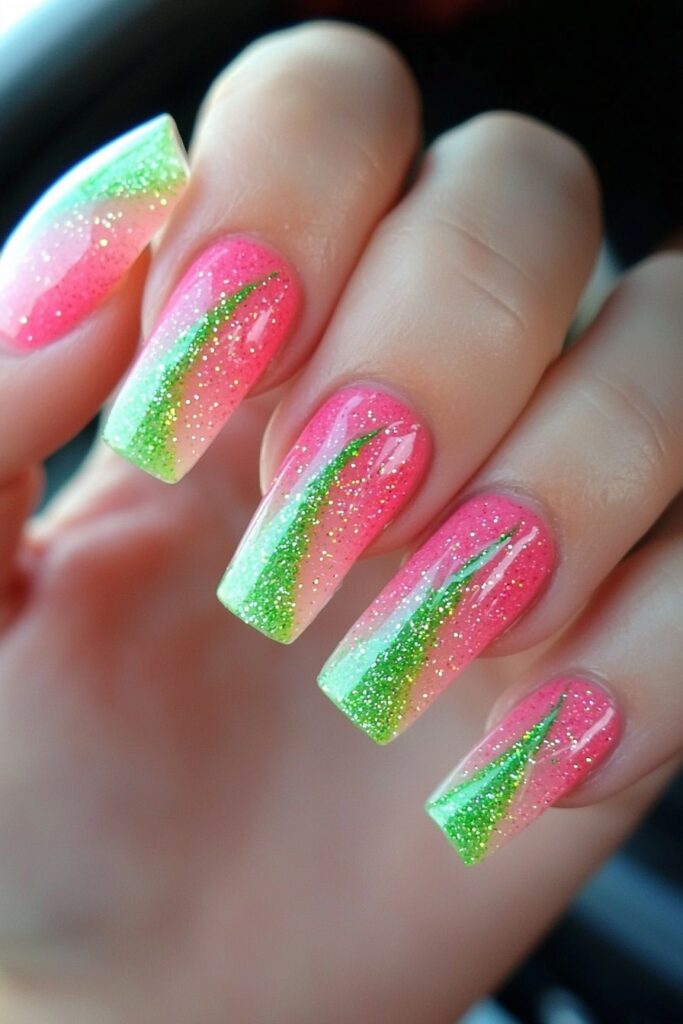 Wicked nails pink and green glitter gradient french manicure