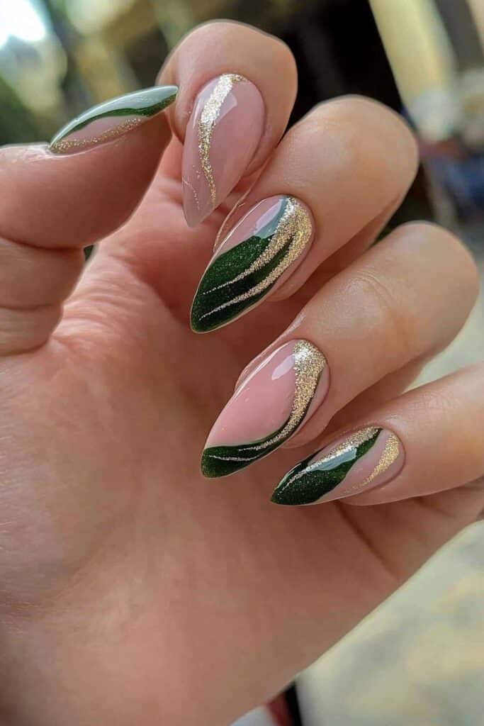 Wicked almond nails with green marble and gold glitter swirls