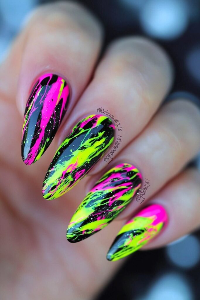 Wicked nails pink and green neon swirls on black base