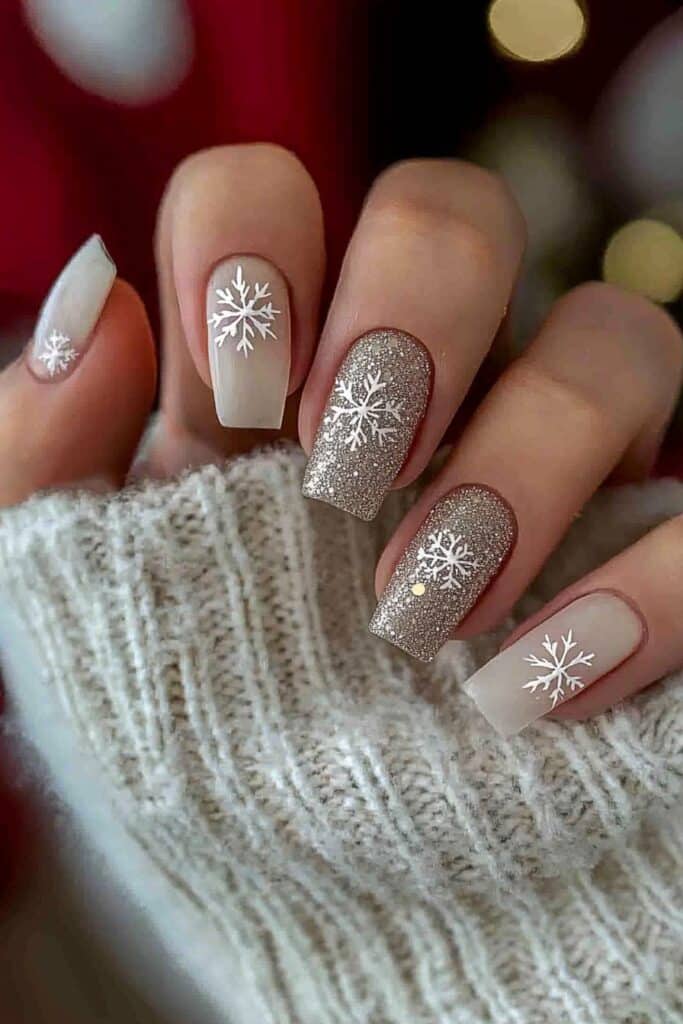 Neutral nails with delicate snowflake glitter accents.