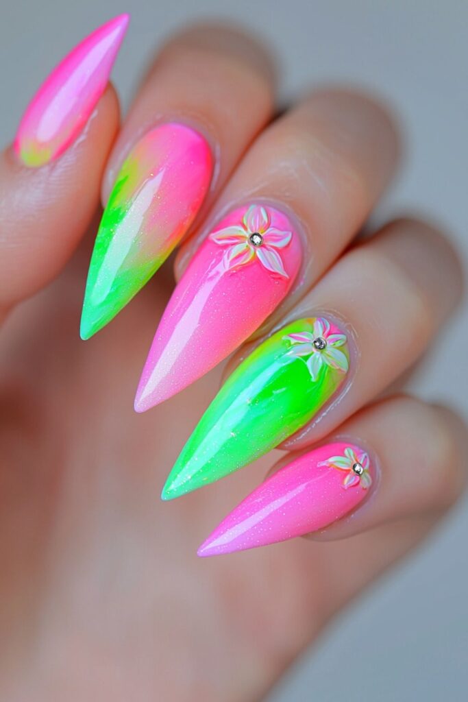 Wicked nails pink and green stiletto with floral accents