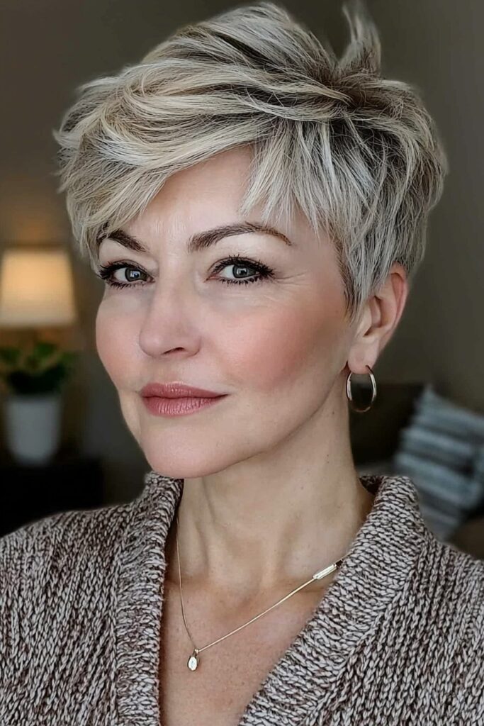 Piece-y layered edgy choppy pixie cuts over 50