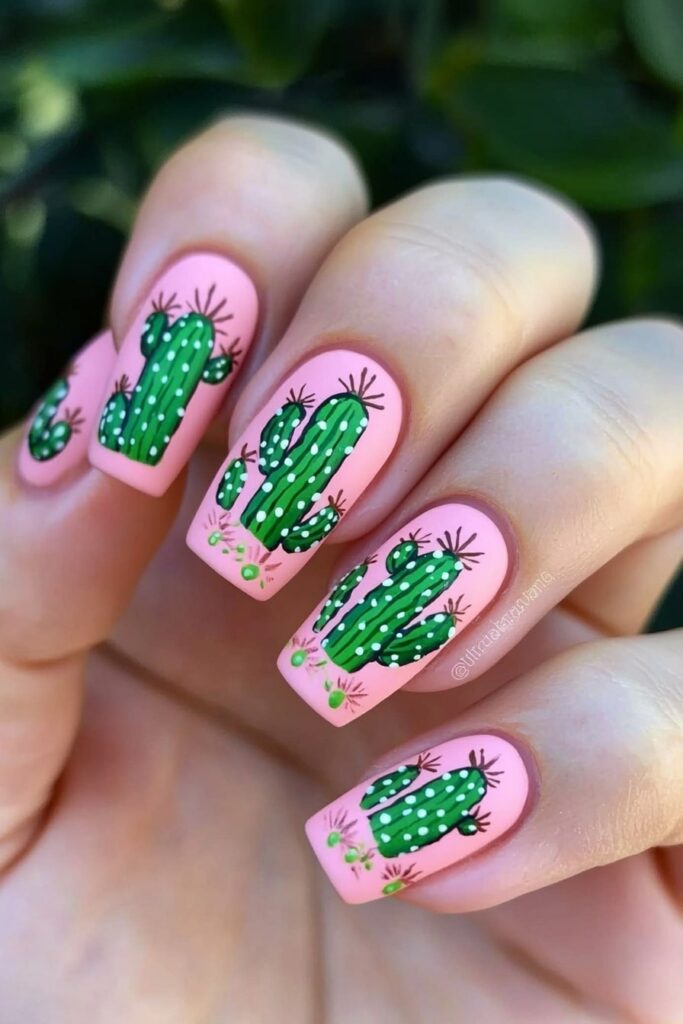 Wicked pink nails featuring hand-painted green cactus nail art