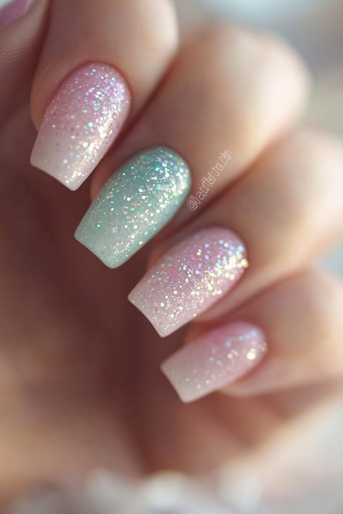 Pink and mint glitter ombre nails with sparkly gradient design