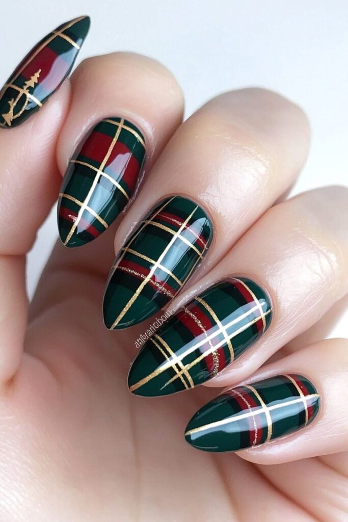 Christmas acrylic almond nails with green and red plaid pattern