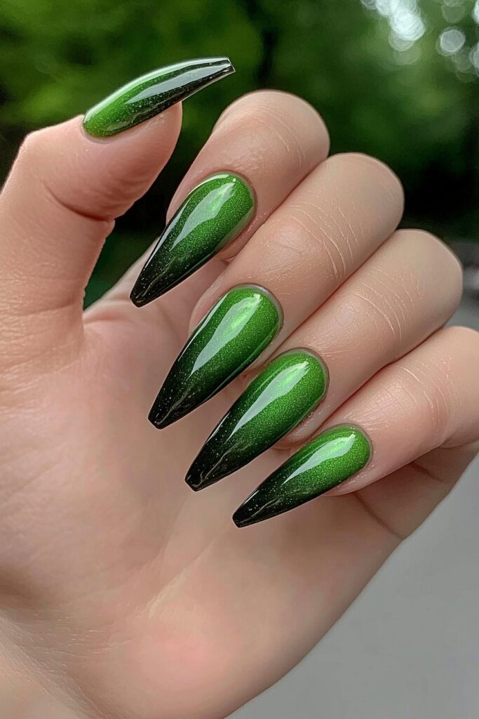 Wicked almond nails with sparkly green to black gradient