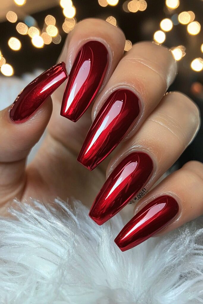 Christmas red acrylic nails with metallic chrome finish