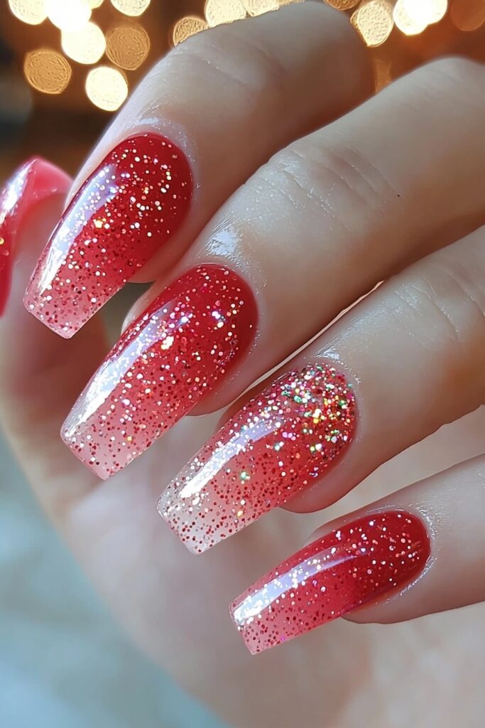 Christmas red acrylic nail designs with glitter ombré effect