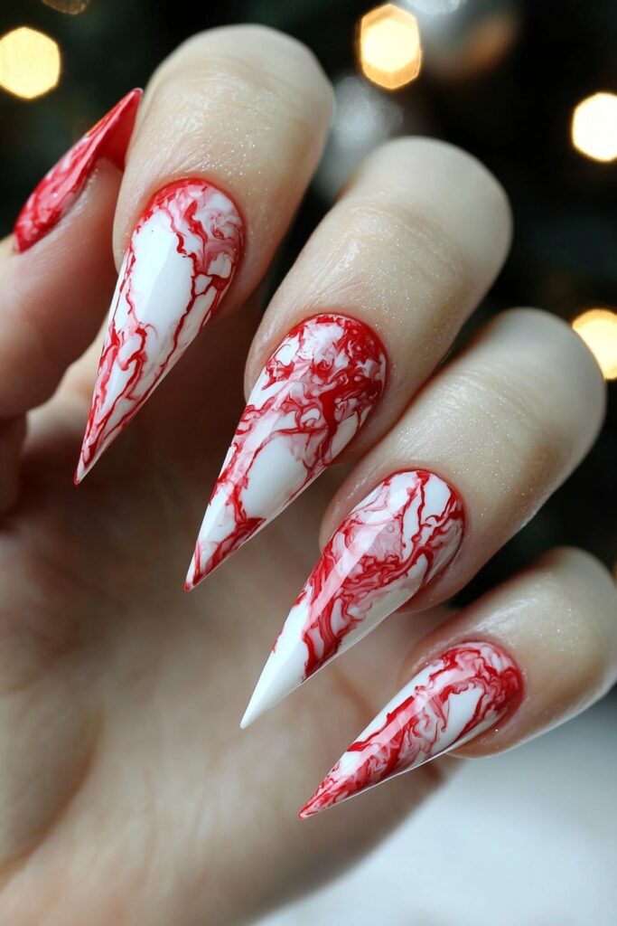 Christmas red acrylic nail designs with marble effect