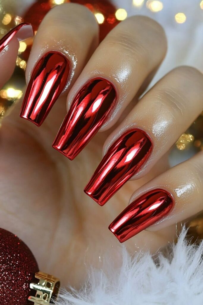 Christmas red acrylic nails with mirror chrome effect