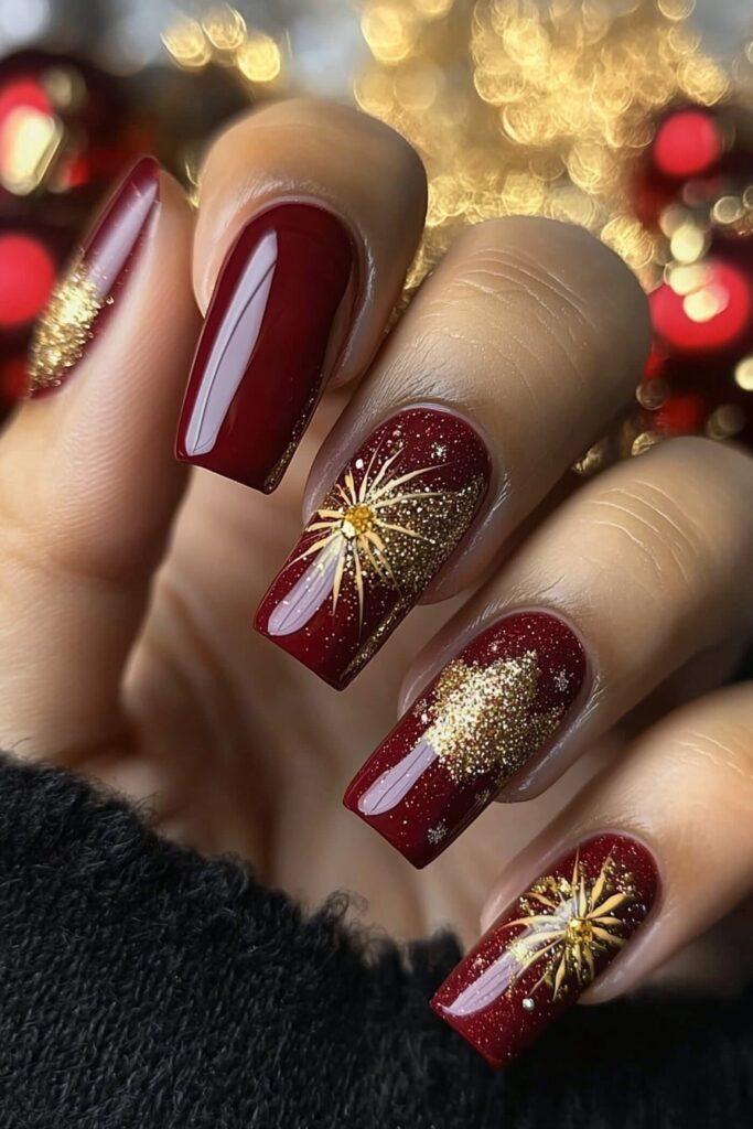 Christmas red acrylic nails with gold starburst and glitter designs