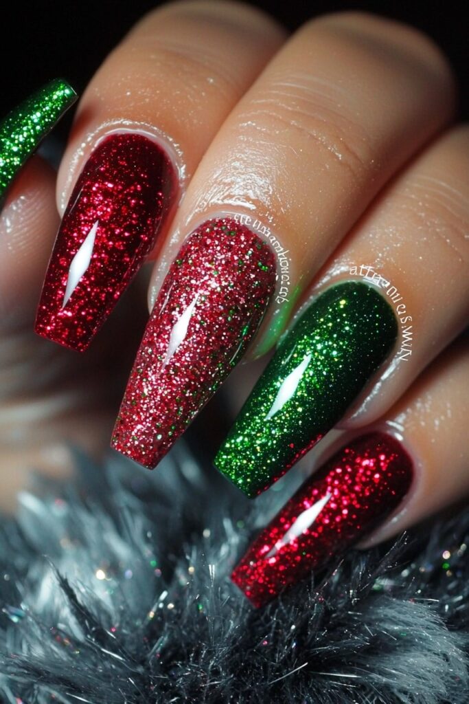 Coffin Christmas nails with red and green glitter ombre