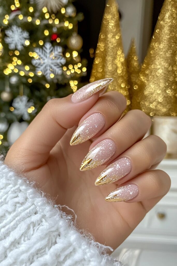 Christmas acrylic almond nails with rose gold glitter tips