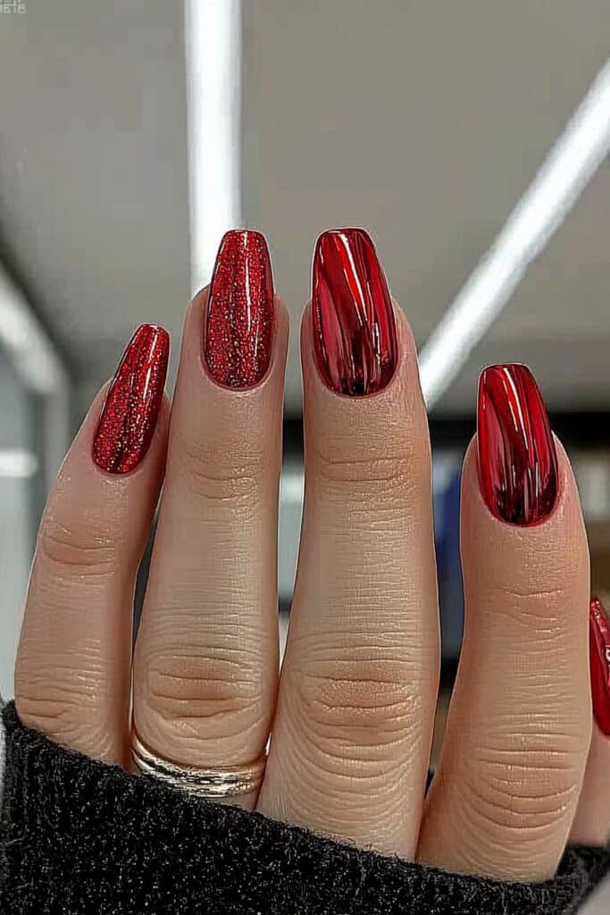 Wicked almond nails with red chrome and glitter design