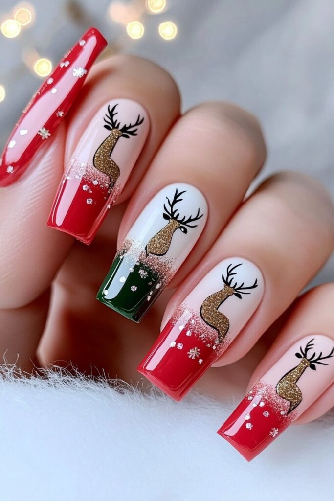 Coffin Christmas nails with glittery reindeer and red tips