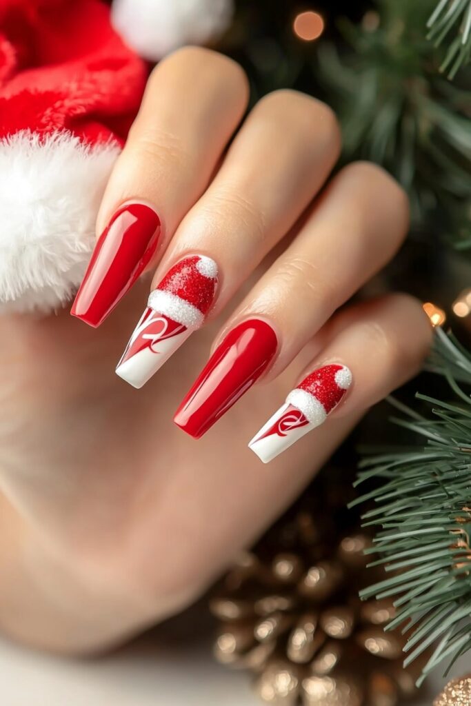 Red and white coffin Christmas nails with Santa hat design