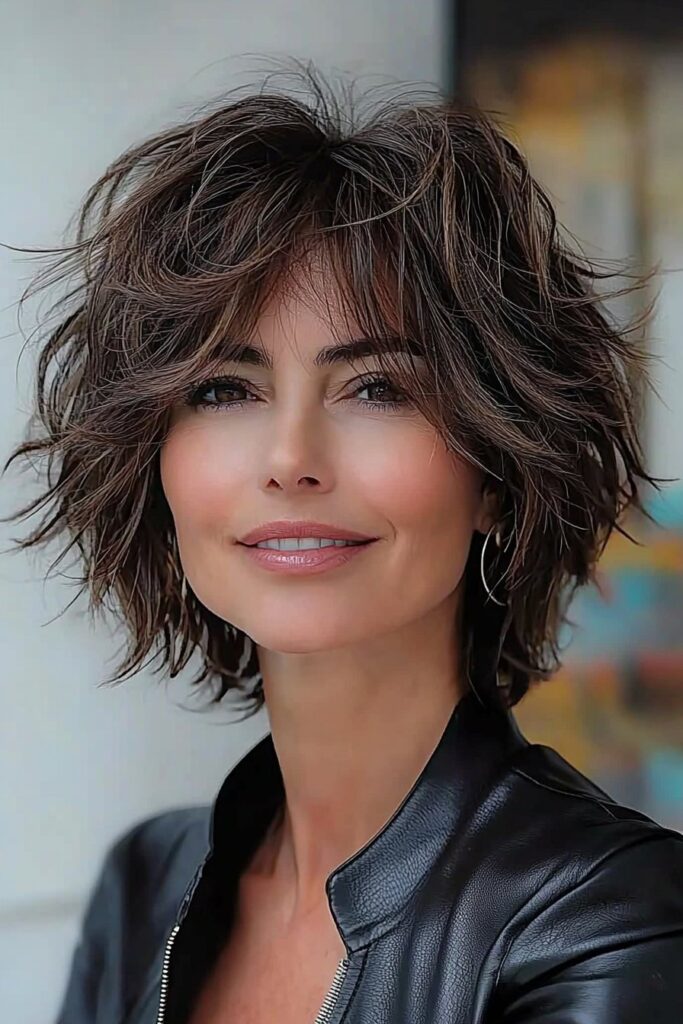 A woman with a shaggy volume pixie haircut, wearing a stylish leather jacket, exudes confidence and modern flair.