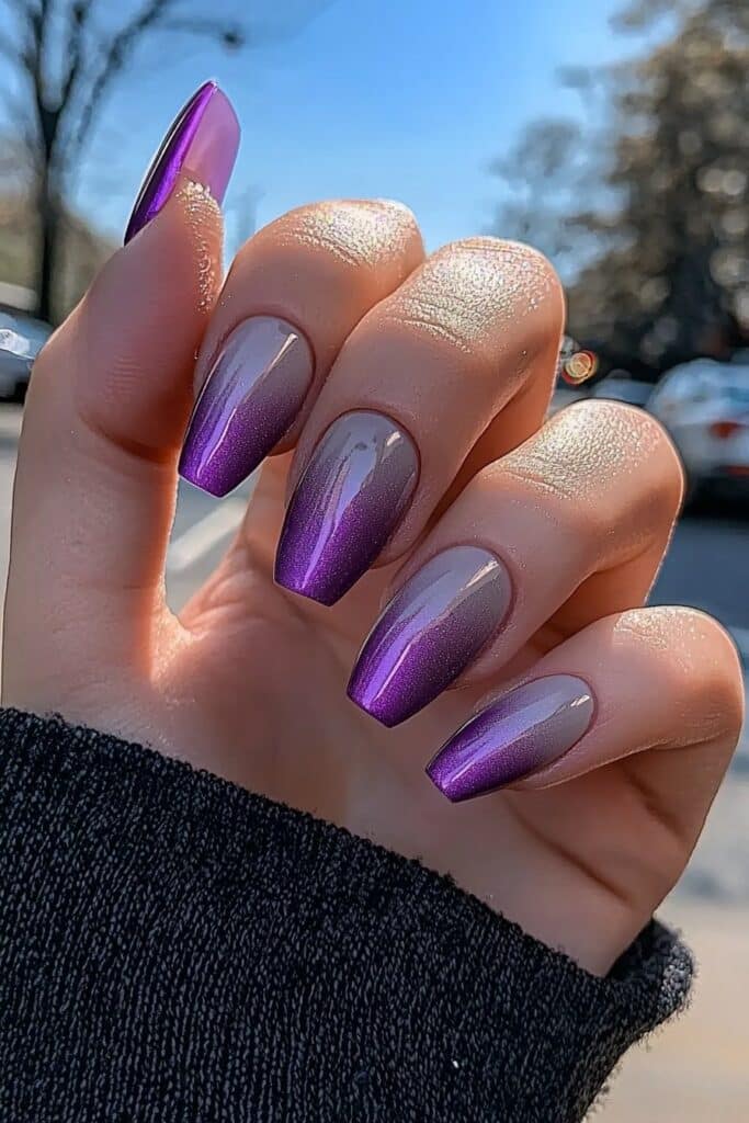 Wicked almond nails with purple to grey ombre chrome finish